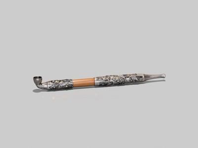 Lot 60 - KAZUYOSHI: A RARE AND LARGE INLAID SILVER AND BAMBOO KISERU (PIPE)