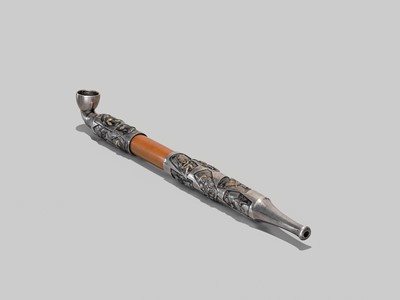 Lot 60 - KAZUYOSHI: A RARE AND LARGE INLAID SILVER AND BAMBOO KISERU (PIPE)