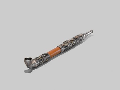 Lot 60 - KAZUYOSHI: A RARE AND LARGE INLAID SILVER AND BAMBOO KISERU (PIPE)