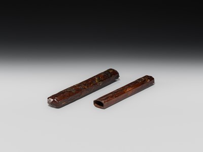Lot 65 - BUNSAI: A LACQUERED WOOD KISERUZUTSU (PIPE CASE) WITH LEAFY VINES AND A MANTIS