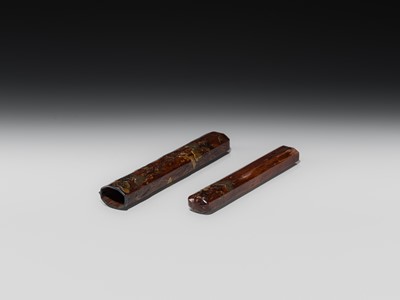 Lot 65 - BUNSAI: A LACQUERED WOOD KISERUZUTSU (PIPE CASE) WITH LEAFY VINES AND A MANTIS