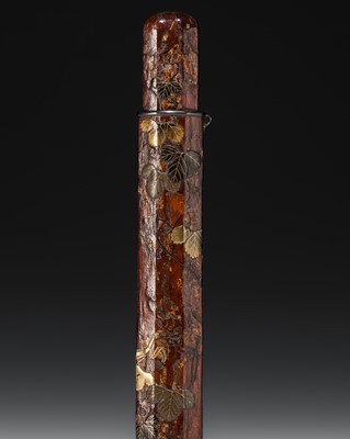 Lot 65 - BUNSAI: A LACQUERED WOOD KISERUZUTSU (PIPE CASE) WITH LEAFY VINES AND A MANTIS