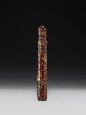 Lot 65 - BUNSAI: A LACQUERED WOOD KISERUZUTSU (PIPE CASE) WITH LEAFY VINES AND A MANTIS