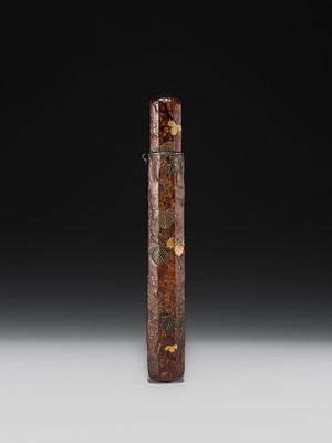 Lot 65 - BUNSAI: A LACQUERED WOOD KISERUZUTSU (PIPE CASE) WITH LEAFY VINES AND A MANTIS
