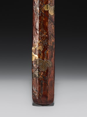 Lot 65 - BUNSAI: A LACQUERED WOOD KISERUZUTSU (PIPE CASE) WITH LEAFY VINES AND A MANTIS