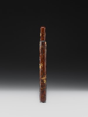 Lot 65 - BUNSAI: A LACQUERED WOOD KISERUZUTSU (PIPE CASE) WITH LEAFY VINES AND A MANTIS