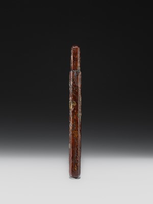 Lot 65 - BUNSAI: A LACQUERED WOOD KISERUZUTSU (PIPE CASE) WITH LEAFY VINES AND A MANTIS