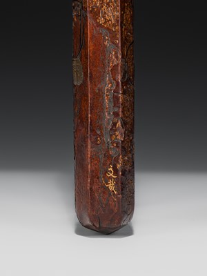 Lot 65 - BUNSAI: A LACQUERED WOOD KISERUZUTSU (PIPE CASE) WITH LEAFY VINES AND A MANTIS
