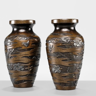 Lot 35 - JOMI EISUKE II: A FINE PAIR OF INLAID BRONZE VASES WITH BUTTERFLIES AND CHERRY TREES