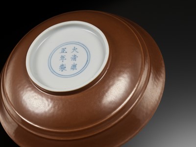Lot 155 - A CAFÉ-AU-LAIT GLAZED SHALLOW BOWL, YONGZHENG MARK AND PERIOD