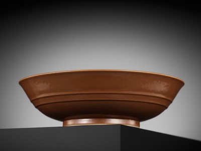 Lot 155 - A CAFÉ-AU-LAIT GLAZED SHALLOW BOWL, YONGZHENG MARK AND PERIOD