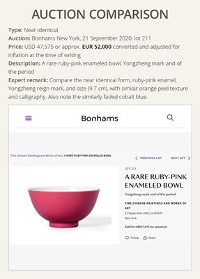 Lot 570 - A RUBY-PINK ENAMELED BOWL, YONGZHENG MARK AND PERIOD