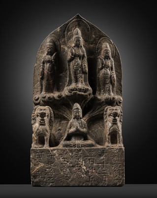 Lot 331 - AN INSCRIBED LIMESTONE STELE WITH A BODHISATTVA TRIAD, NORTHERN WEI PERIOD, DATED 503 AD