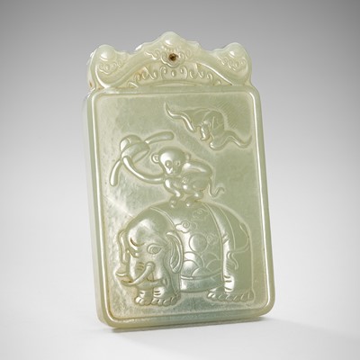 Lot 979 - A PALE CELADON JADE ‘MONKEY AND ELEPHANT’ PLAQUE, LATE QING DYNASTY TO REPUBLIC PERIOD