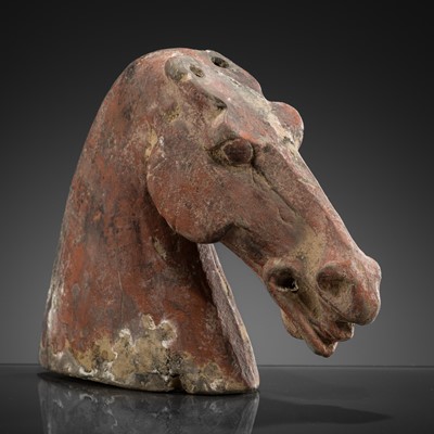 Lot 516 - A PAINTED GRAY POTTERY HORSE HEAD, HAN DYNASTY