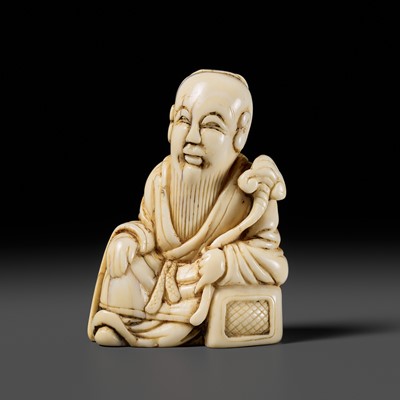 Lot 59 - AN EARLY IVORY NETSUKE OF A CHINESE SAGE WITH NYOI SCEPTRE