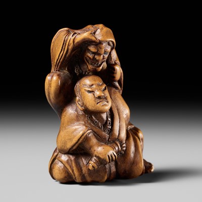 Lot 482 - A WOOD NETSUKE OF OMORI HIKOSHICHI ENCOUNTERING A DEMON