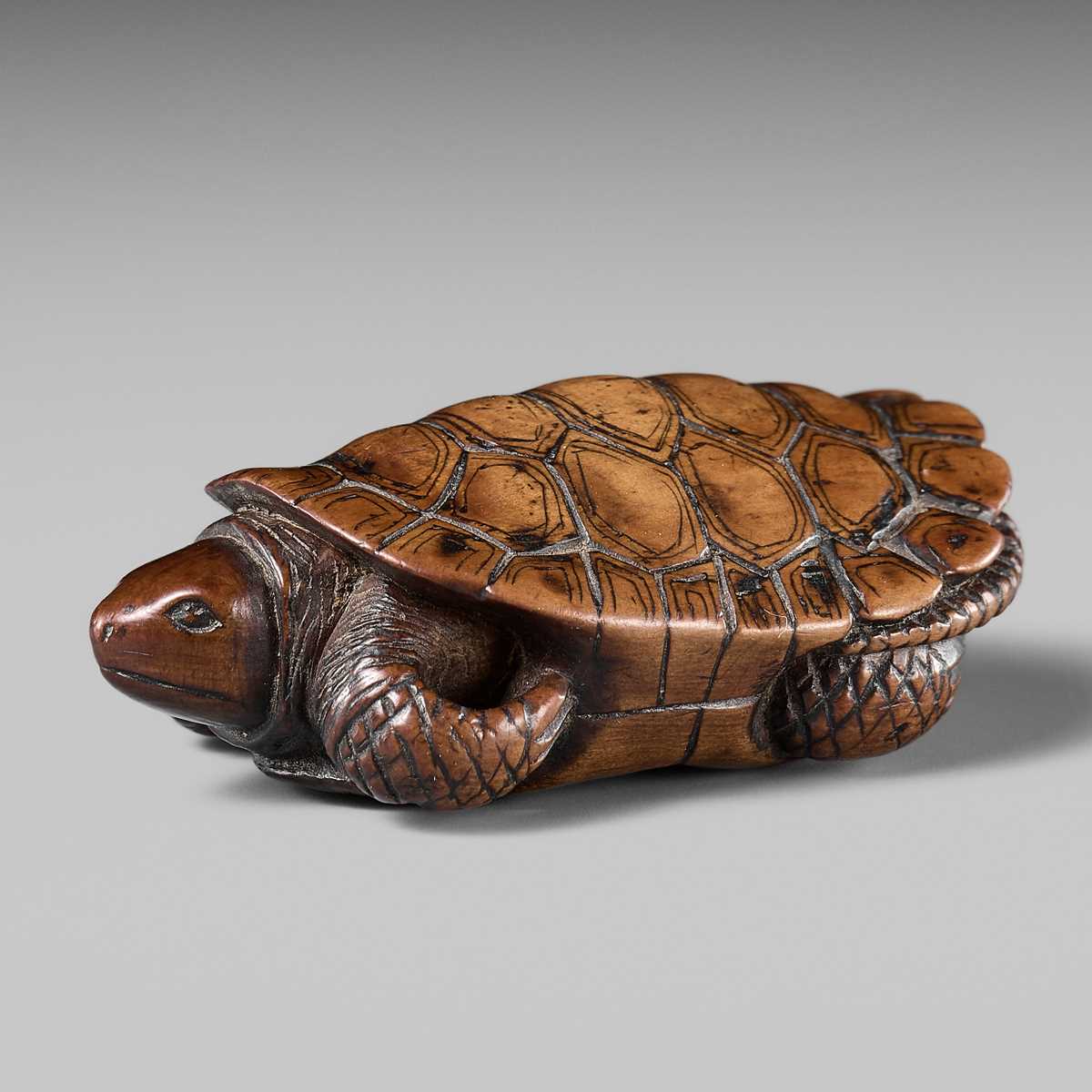 Lot 183 - YOSHITOSHI: A FINE WOOD NETSUKE OF A TORTOISE