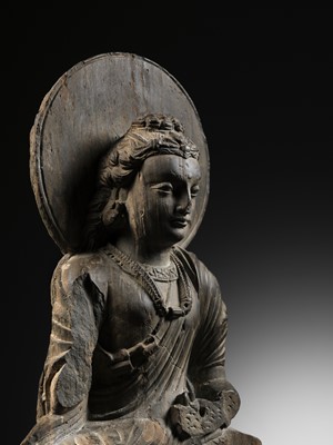 Lot 184 - A GRAY SCHIST FIGURE OF MAITREYA, KUSHAN PERIOD, ANCIENT REGION OF GANDHARA, CIRCA 3RD CENTURY