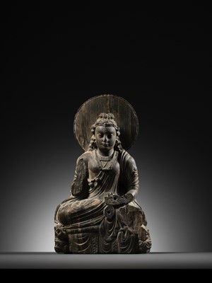 Lot 184 - A GRAY SCHIST FIGURE OF MAITREYA, KUSHAN PERIOD, ANCIENT REGION OF GANDHARA, CIRCA 3RD CENTURY