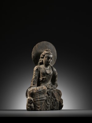 Lot 184 - A GRAY SCHIST FIGURE OF MAITREYA, KUSHAN PERIOD, ANCIENT REGION OF GANDHARA, CIRCA 3RD CENTURY
