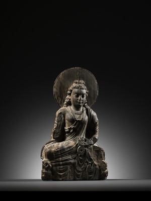 Lot 184 - A GRAY SCHIST FIGURE OF MAITREYA, KUSHAN PERIOD, ANCIENT REGION OF GANDHARA, CIRCA 3RD CENTURY