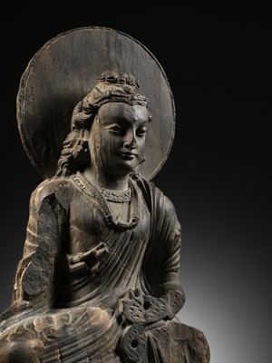 Lot 184 - A GRAY SCHIST FIGURE OF MAITREYA, KUSHAN PERIOD, ANCIENT REGION OF GANDHARA, CIRCA 3RD CENTURY