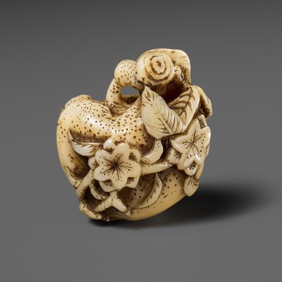 A RARE WALRUS TUSK NETSUKE OF A PEACH