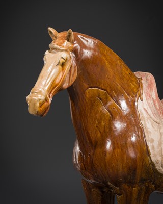 Lot 240 - AN AMBER AND STRAW-GLAZED POTTERY FIGURE OF A HORSE, TANG DYNASTY