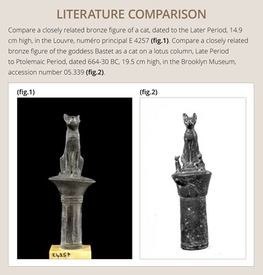 Lot 35 - A FINE BRONZE FIGURE OF A CAT ON A COLUMN, BASTET, LATE PERIOD