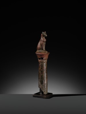 Lot 35 - A FINE BRONZE FIGURE OF A CAT ON A COLUMN, BASTET, LATE PERIOD