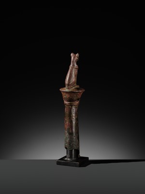 Lot 35 - A FINE BRONZE FIGURE OF A CAT ON A COLUMN, BASTET, LATE PERIOD