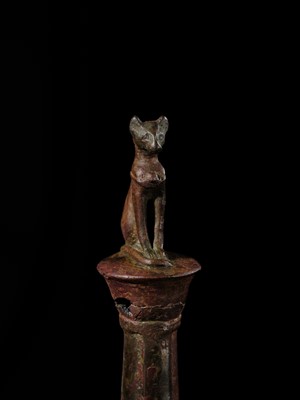Lot 35 - A FINE BRONZE FIGURE OF A CAT ON A COLUMN, BASTET, LATE PERIOD
