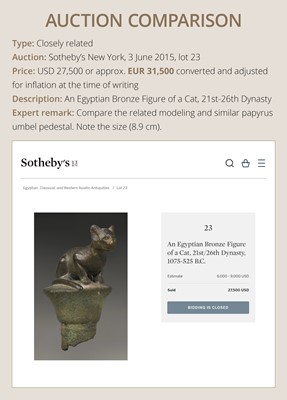 Lot 35 - A FINE BRONZE FIGURE OF A CAT ON A COLUMN, BASTET, LATE PERIOD