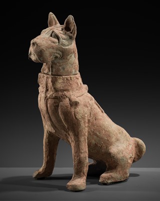 Lot 518 - A SICHUAN POTTERY FIGURE OF A MALE GUARDIAN DOG, HAN DYNASTY