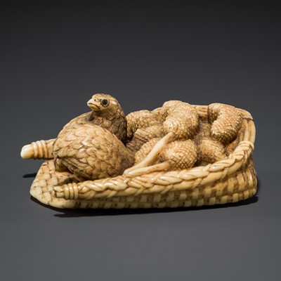 Lot 467 - A MARINE IVORY NETSUKE OF QUAILS AND MILLET IN A BASKET