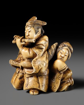 Lot 249 - MASAYUKI: AN IVORY NETSUKE OF FUJIWARA NO YASUMASA PLAYING HIS FLUTE