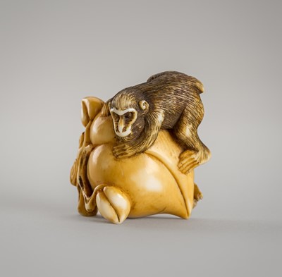 Lot 1310 - AN IVORY NETSUKE OF A MONKEY WITH PEACH