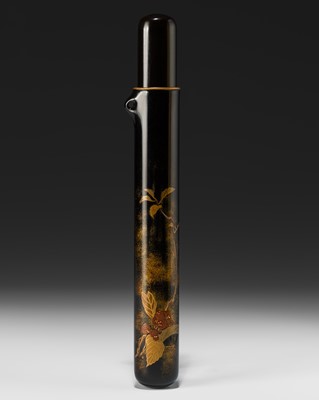 Lot 384 - A FINE BLACK LACQUERED KISERUZUTSU DEPICTING LOQUATS