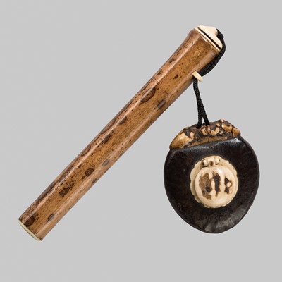 Lot 388 - A SPOTTED BAMBOO, COCOA BEAN, AND ANTLER YATATE