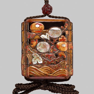 Lot 396 - A FOUR-CASE INRO WITH KIKUSUI (CHRYSANTHEMUMS AND WATER)