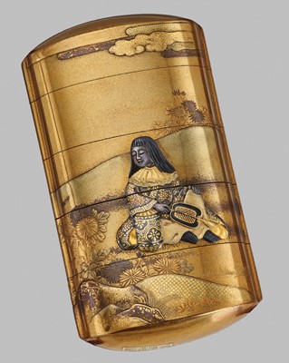 HARA YOYUSAI AND HAMANO NORIYUKI: A MAGNIFICENT GOLD LACQUER AND METAL-INLAID FOUR-CASE INRO DEPICTING KIKUJIDO