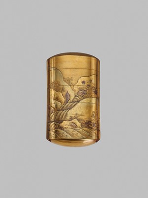HARA YOYUSAI AND HAMANO NORIYUKI: A MAGNIFICENT GOLD LACQUER AND METAL-INLAID FOUR-CASE INRO DEPICTING KIKUJIDO