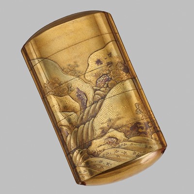 HARA YOYUSAI AND HAMANO NORIYUKI: A MAGNIFICENT GOLD LACQUER AND METAL-INLAID FOUR-CASE INRO DEPICTING KIKUJIDO