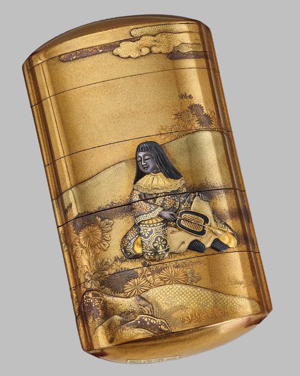 HARA YOYUSAI AND HAMANO NORIYUKI: A MAGNIFICENT GOLD LACQUER AND METAL-INLAID FOUR-CASE INRO DEPICTING KIKUJIDO