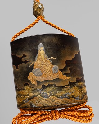 Lot 23 - HARA YOYUSAI: A RARE AND SUPERB THREE-CASE LACQUER INRO DEPICTING KANNON EMERGING FROM A CLAM