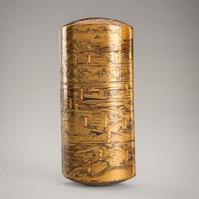 Lot 1118 - A GOLD LACQUER FOUR-CASE INRO WITH SCENIC LOCATIONS