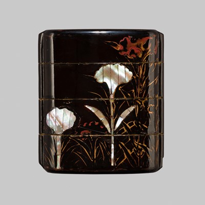 Lot 1147 - A THREE-CASE LACQUER INRO WITH BLOSSOMING FLOWERS