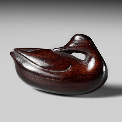 Lot 446 - SANCHO: A WOOD NETSUKE OF A PREENING DUCK