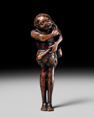 Lot 69 - A POWERFUL WOOD NETSUKE OF A DRUMMING ASHINAGA